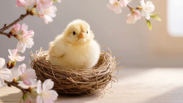 Adorable yellow chick resting in small nest surrounded by delicate blooming branches, warm soft light creating gentle spring atmosphere and symbol of Easter and new beginnings