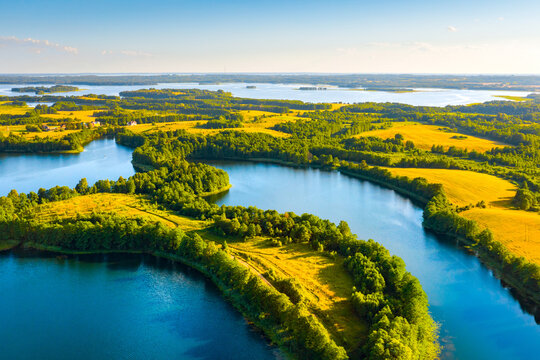 Aerial view of lakes in Narachanski National Park, Belarus