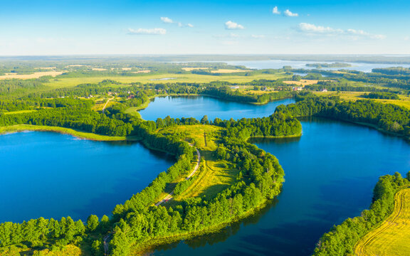 Aerial view of lakes in Narachanski National Park, Belarus