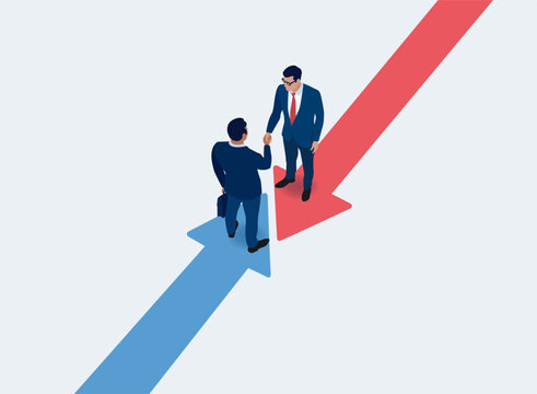 Agreement. Collaboration. Businessmen shaking hands and standing on arrow signs that meet.