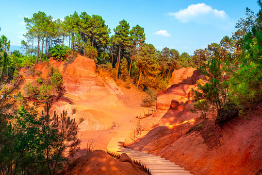 Roussillon, red rocks of Colorado colorful ochre canyon in Provence, landscape of France