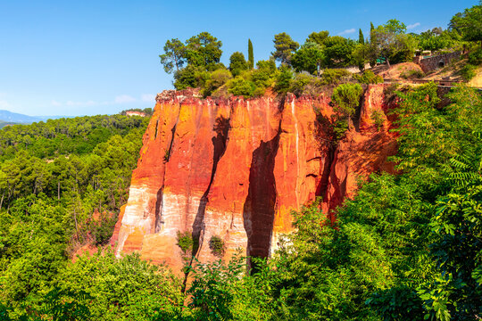 Roussillon, red rocks of Colorado colorful ochre canyon in Provence, landscape of France