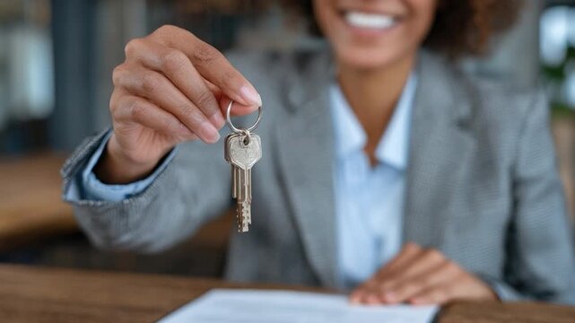 Handing Over the Key: A focused businesswoman extends a bunch of keys, symbolizing property, ownership, and the beginning of a new chapter. Capturing a moment of empowerment and achievement.