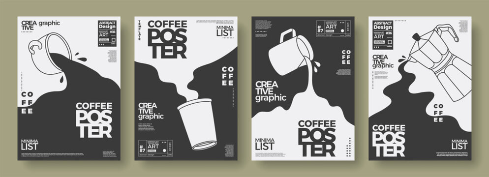 Coffee concept design. Outline posters set of coffee cup, paper cup, milk pitcher, coffeemaker. Spilling coffee and milk. Modern minimalist illustration for wall art, cafe menu, decoration, coffeeshop