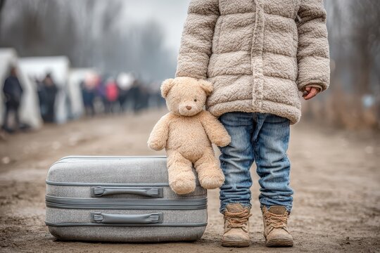 A vulnerable child stands with teddy bear and suitcase in refugee camp,depicting the plight of displaced children and the emotional toll of crisis situations.