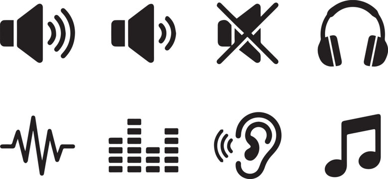 A collection of black and white audio icons on a plain white background for music and sound settings