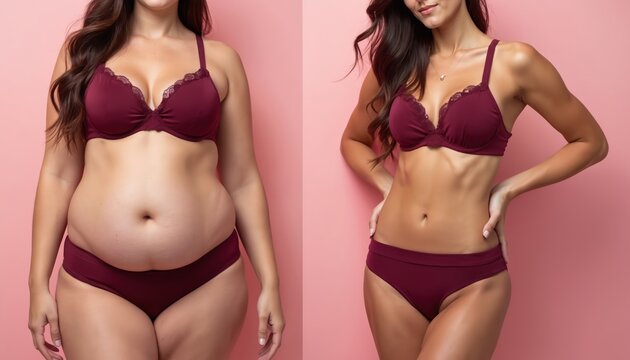 Side by side comparison of a woman before and after significant weight loss. The transformation shows dramatic change in body shape and fitness level, highlighting journey to health.