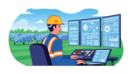 Renewable Energy Specialist at Work: A skilled specialist manages a solar panel farm from a control room, using cutting-edge technology to monitor and optimize energy production. © Murshida