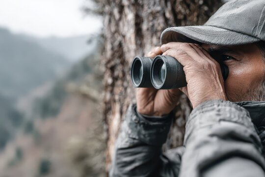 Close-up of a focused man using binoculars in the wild, surrounded by a blurred forest and distant mountains, wearing a cap and jacket, looking for wildlife.