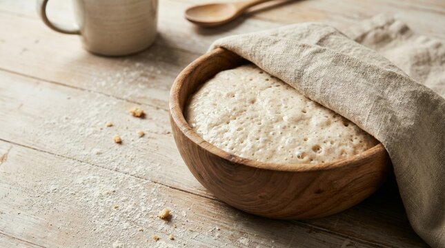Rustic wooden bowl holding an active sourdough bread dough covered with a linen cloth, showing bubbles from fermentation on a flour dusted kitchen table