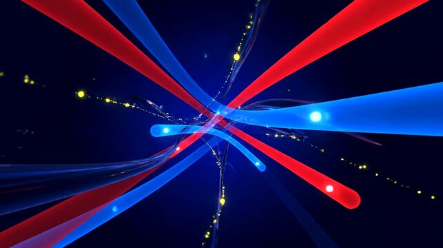 Red and blue laser beams intersecting.