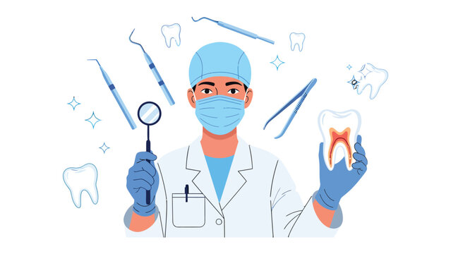 Dentist Holding Instruments: A skilled dentist, surrounded by dental tools, focuses on a healthy tooth, embodying the core of dental health and care.