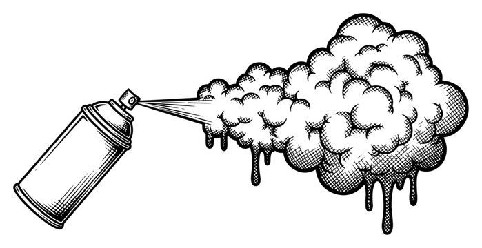 Hand drawn engraving of a spray paint can with a large smoke cloud and drips