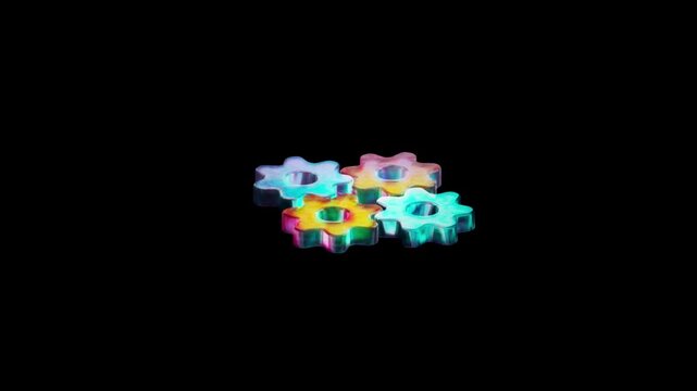Four holographic 3D gears interlocked on a black background symbolizing mechanical innovation industrial engineering and collaborative teamwork systems