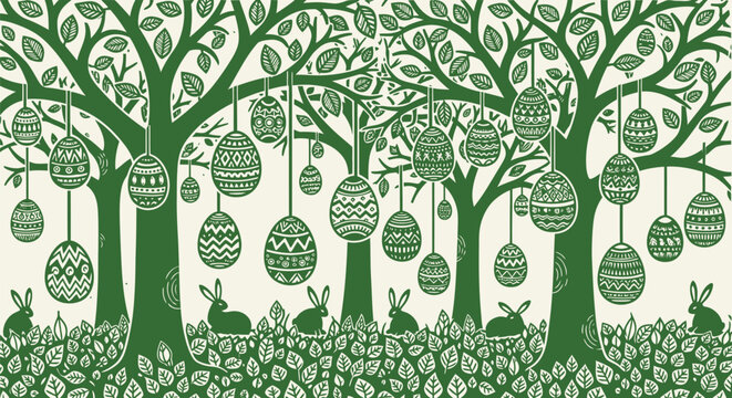 Easter celebration scene with decorated eggs hanging from trees and bunnies in grassy field on festive holiday background