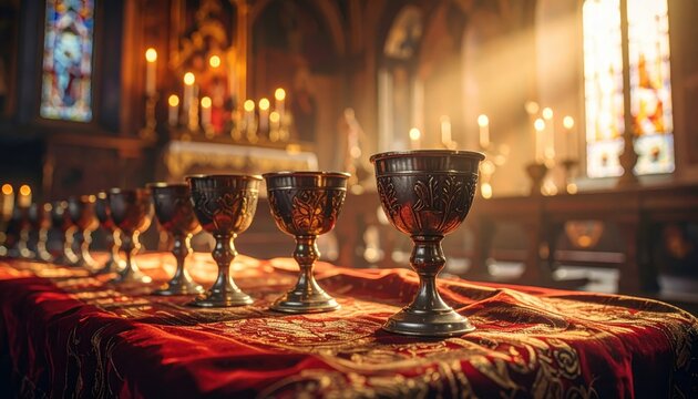 Tarnished antique silver chalices arranged on rich velvet cloth with candlelight ambiance