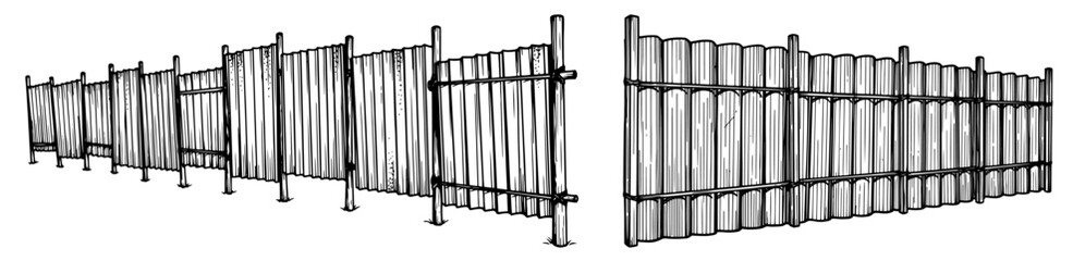 Hand drawn corrugated metal fence or construction site hoarding in vintage engraving style © AnjaliDesai