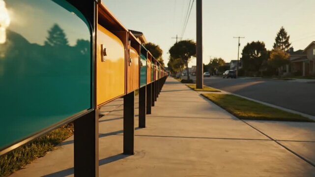 Colorful Mailboxes Lined Up on Suburban Sidewalk at Golden Hour