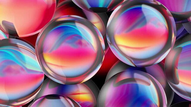 Full frame background of holographic glass spheres showing complex light refraction and colorful gradients for a futuristic digital art or science project