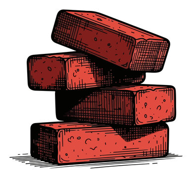 Vintage colored engraving of a stack of red clay construction bricks