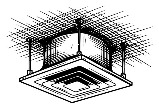 Vintage engraving of a ceiling ventilation unit air diffuser in woodcut style