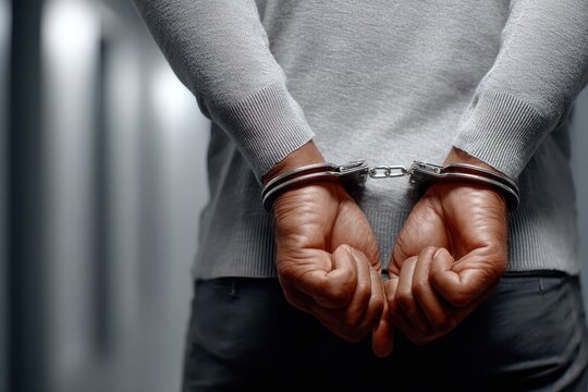 Man in handcuffs stands with his back to the camera, facing justice and uncertainty, symbolizing themes of crime, law enforcement, and the criminal justice system.
