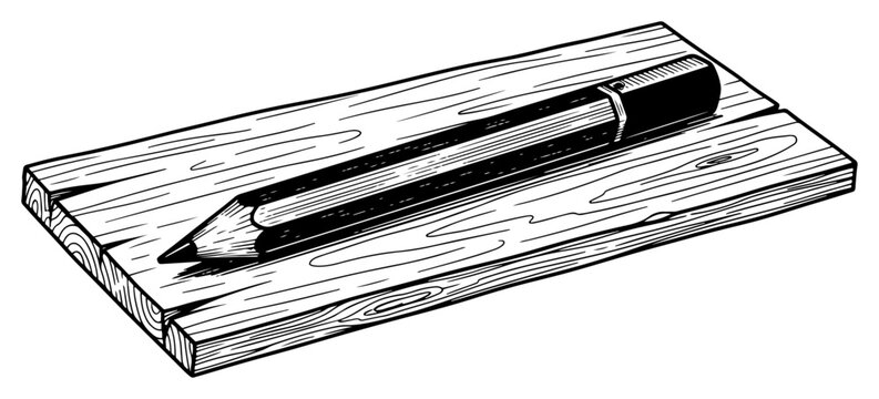 Carpenter pencil lying on a wooden plank in hand drawn vintage etching style