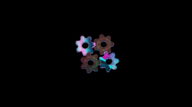 Symmetric overhead view of four iridescent gears interlocked in a square formation on a dark background representing system harmony and industrial synergy