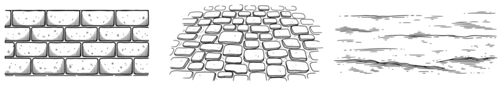 Hand drawn architectural textures with brick wall cobblestone street and weathered surface in vintage engraving style
