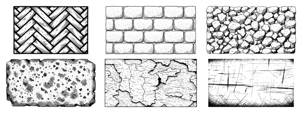Collection of hand drawn material textures including brick stone and cracked surfaces in vintage engraving style