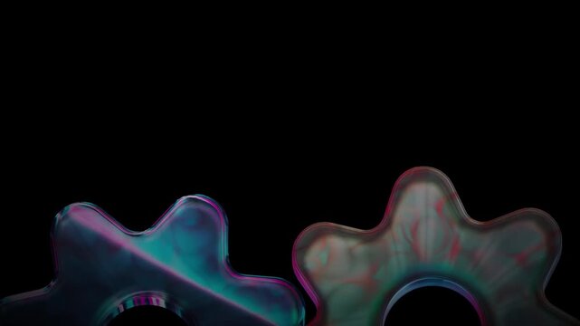 Mechanical gear teeth with a holographic liquid texture rise from the bottom of a dark frame suggesting the foundational power of emerging industrial technology
