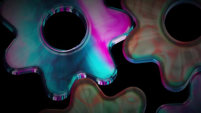 Abstract gear composition features vibrant magenta and teal light refracting through crystalline surfaces representing high-speed data processing and digital logic