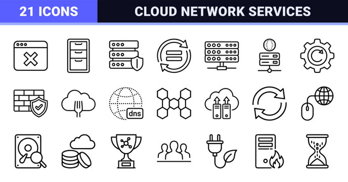 Technical Monoline Web Hosting and Network Infrastructure Symbols featuring sleek black outlines for enterprise cloud data management systems.