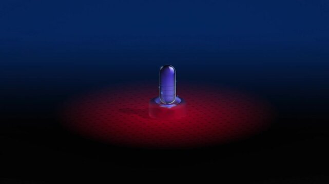 Blue capsule pill floating above a glowing red platform in a dark blue laboratory setting illustrates pharmaceutical innovation and advanced biotechnology