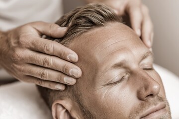 Fototapeta premium Close up of a relaxed man receiving a calming head massage for pain relief and stress release in a spa setting, focusing on wellness and therapeutic touch.