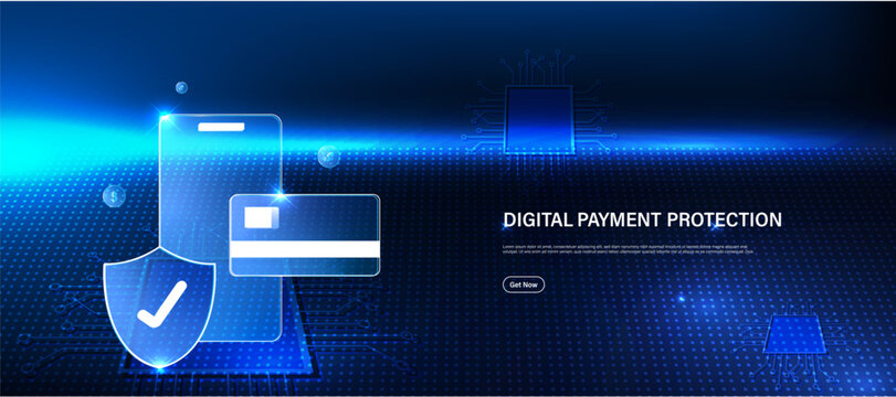 Online payment protection concept with secure transaction and shield lock icon on blue technology background. Financial cybersecurity system for protecting digital payments