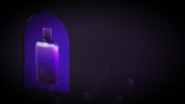 Off center view of a purple illuminated fragrance bottle in a dark arched opening with a subtle digital grain texture suitable for high end cosmetic marketing