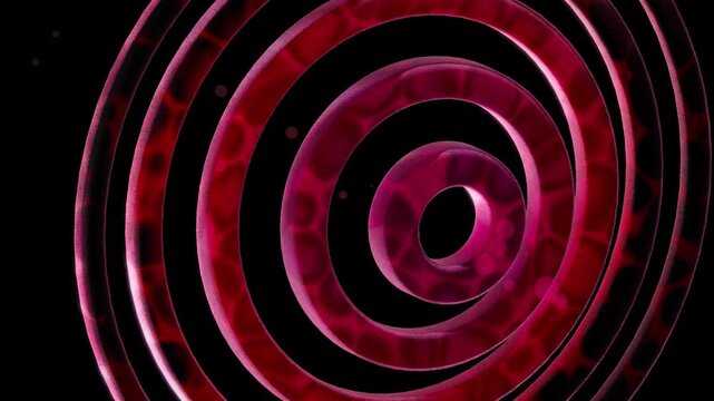 Red glowing rings with dark cellular patterns pulsing against a black background for high tech medical and energy concept visualizations