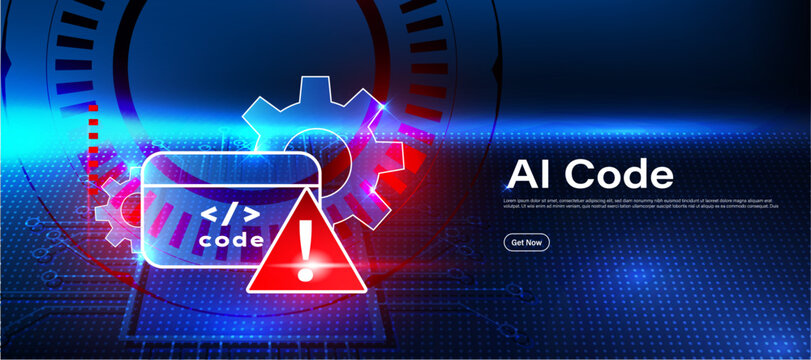 AI code alert concept with warning sign and programming code icon. Artificial intelligence technology for monitoring software, detecting errors and ensuring secure coding systems.