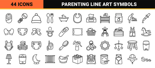 Obraz premium Monoline Infant Care and Nursery Essentials Symbol Set featuring Minimalist Black Outline Graphics for Parenting and Baby Healthcare Apps.