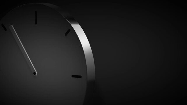 Extreme closeup of a minimalist metallic clock face showing textures and light reflections symbolizing the relentless passing of time and corporate urgency