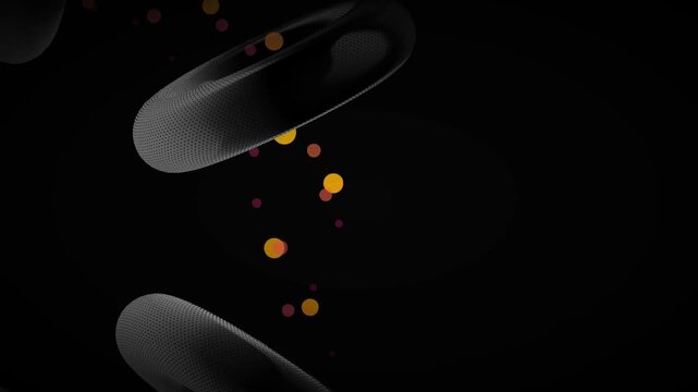 Floating dark metallic ring surrounded by glowing golden bokeh lights illustrating a futuristic path of data and digital transformation in a minimalist void