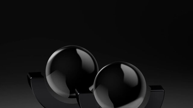 Black spheres and geometric crescent shapes floating in a dark minimalist void with glossy reflections and elegant studio lighting