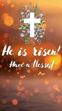 he is risen (easter vertical 4k animation): spring vibe cross shape over vibrant, warm golden glow texture