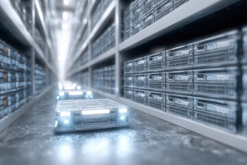 Obraz premium Automated guided vehicles navigate a vast warehouse storage facility, utilizing cutting-edge robotics and intelligent algorithms for efficient material handling.