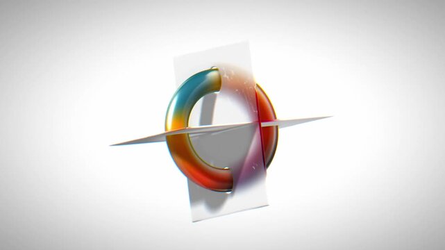 Abstract 3D torus ring interlocking with frosted glass planes against a clean white studio background with soft chromatic aberration and sleek lighting