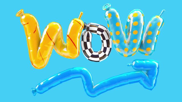 Detailed closeup of inflated 3D balloon text WOW featuring yellow patterns and a blue arrow symbolizing financial growth and positive results