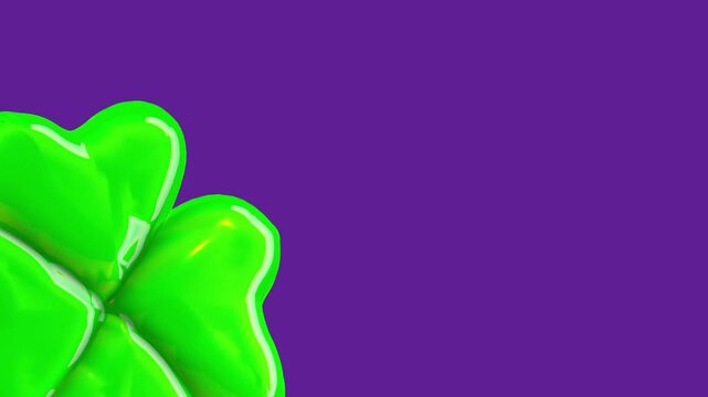 Green 3D clover icon with glossy texture placed on the left side of a purple background with ample negative space for text and copy