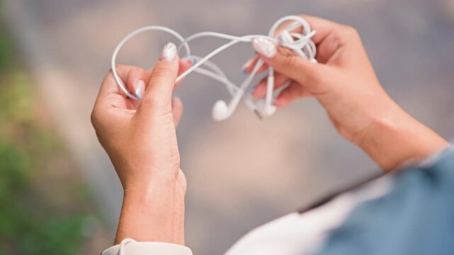 Hands untangle earbuds, Adult hands carefully free tangled wires, Precise movements of hands untangling earbuds calmly, Focused adult hands gently straighten out twisted white earphones