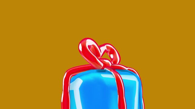 Macro view of a 3d blue gift box and red ribbon knot on a gold background focusing on the texture and detail of the festive holiday present rendering